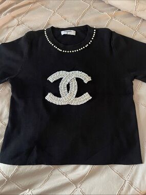 Beautiful Black Top with Pearl Neckline and pearl CC
